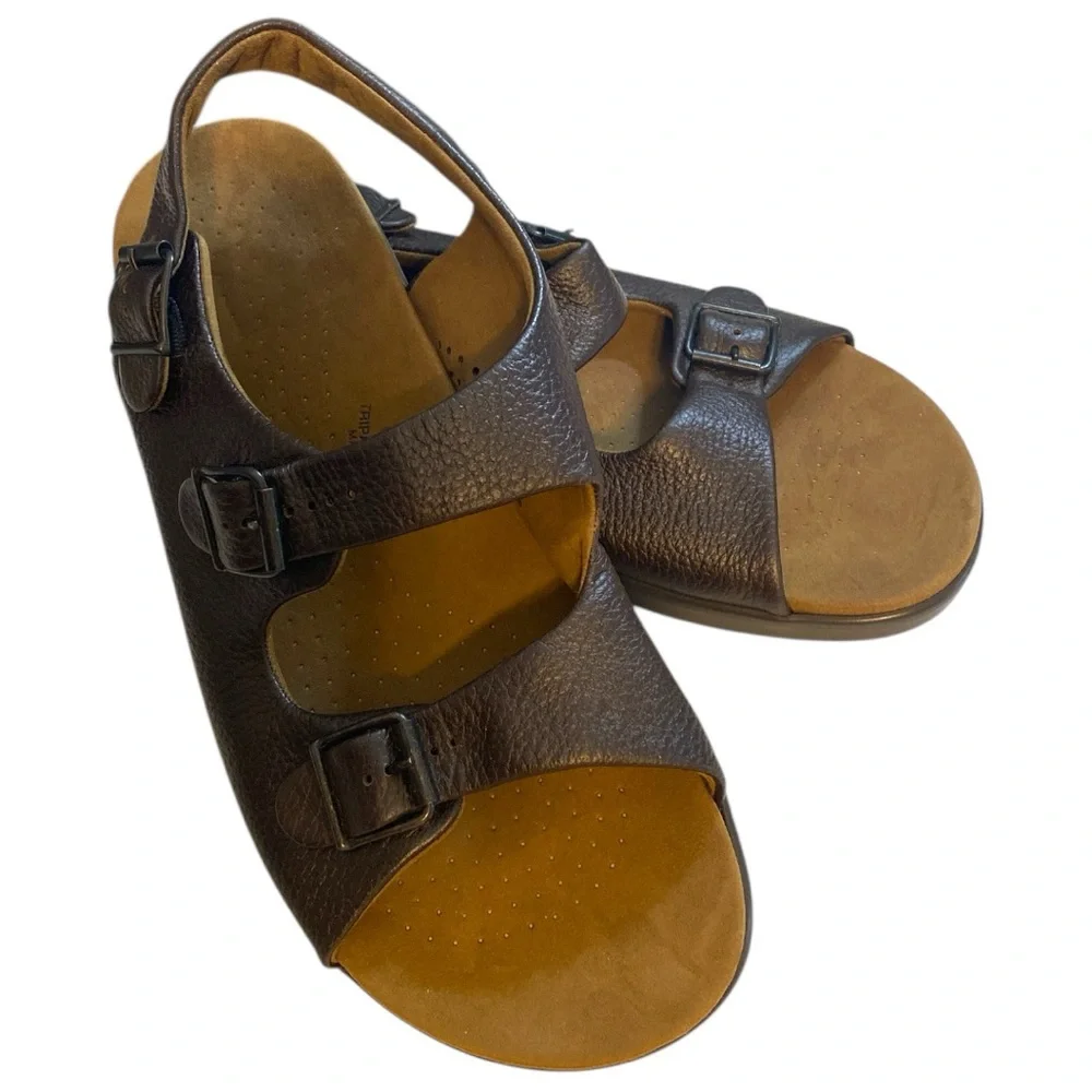 SAS Bravo Men's Comfort Sandals Size 13 Wide Brown Leather Triple Strap Orthotic - Picture 1 of 7